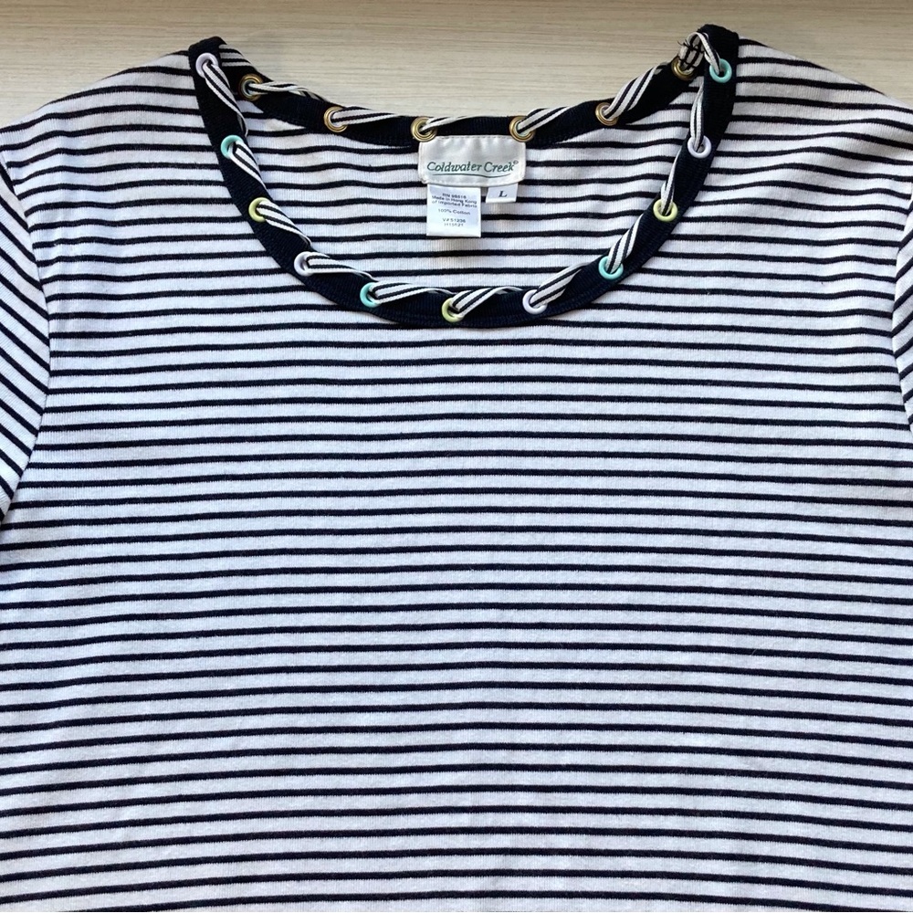 Coldwater Creek Striped Nautical Top with Unique Ribbon Trim Large - Like New - Picture 3 of 8